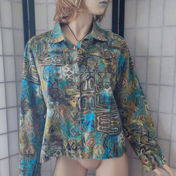 Chico's Button Down Jacket Coat Aztec Southwestern Sante Fe Cotton/Linen Sz 2/L - Picture 1 of 9